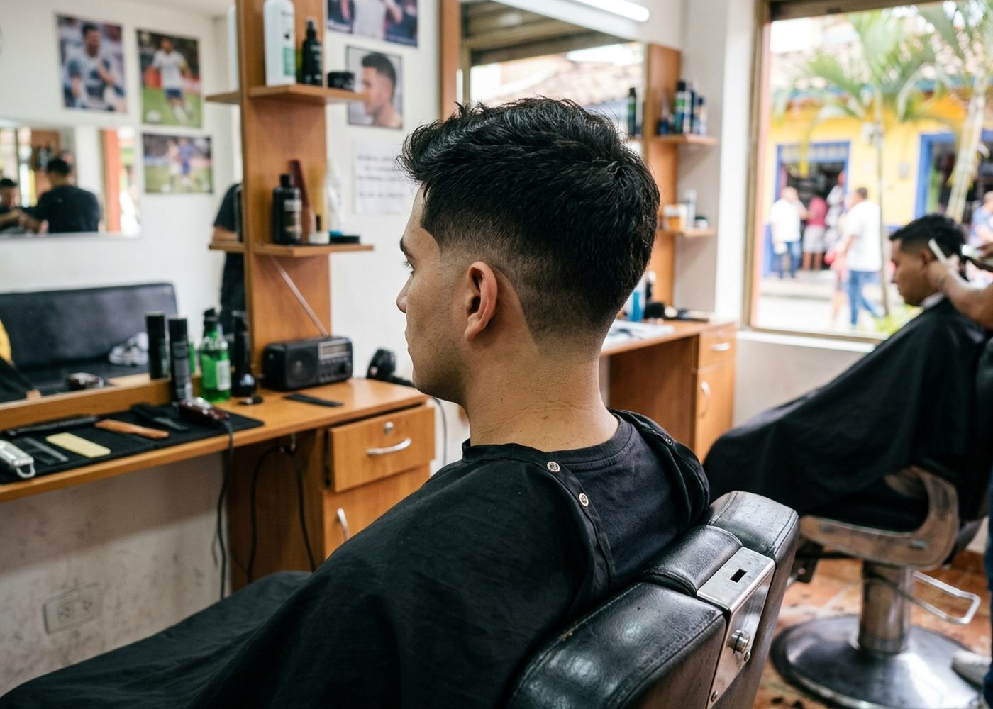 Silla de barbero frente al espejo en Barbería La Muestra