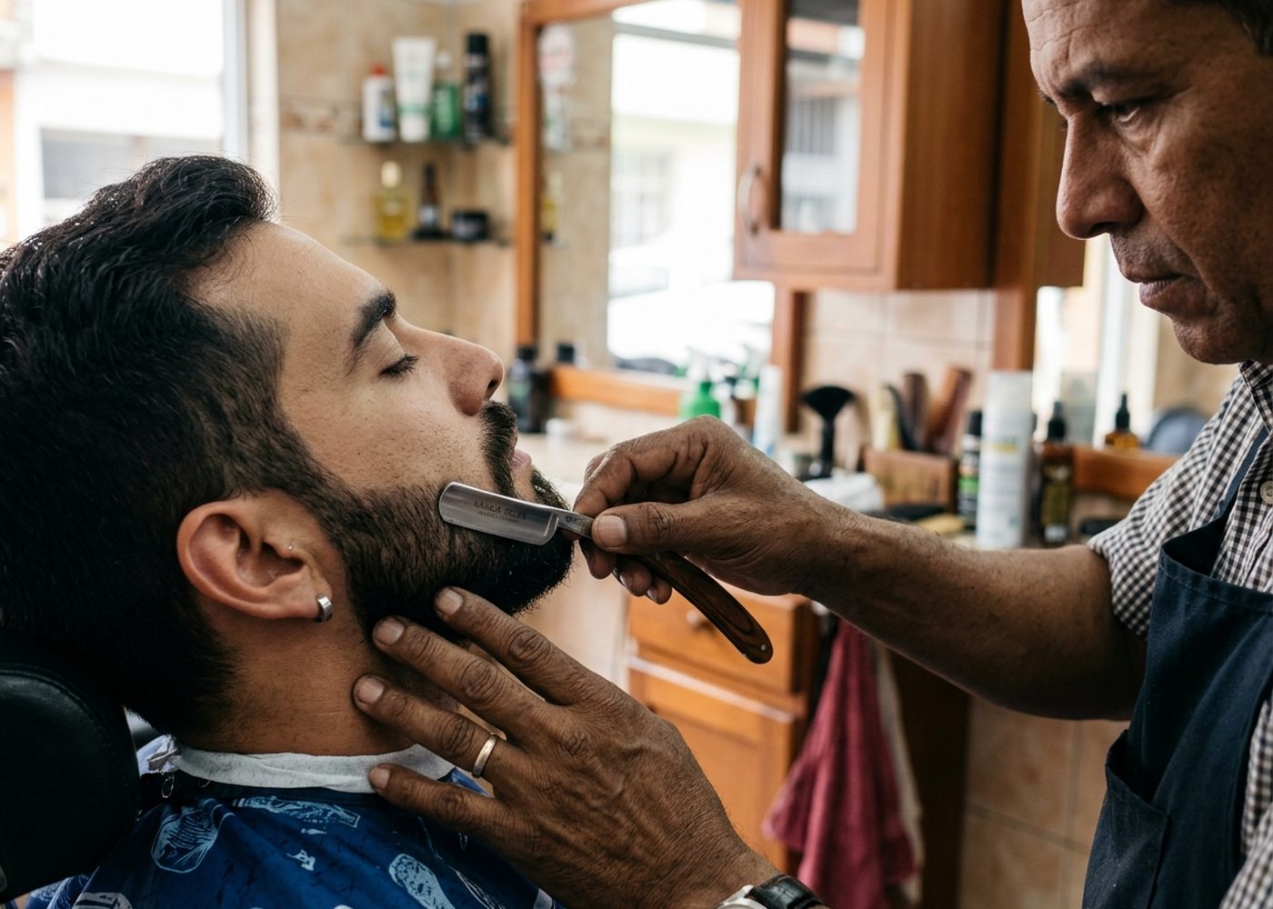 Barba perfilada con navaja y aceite