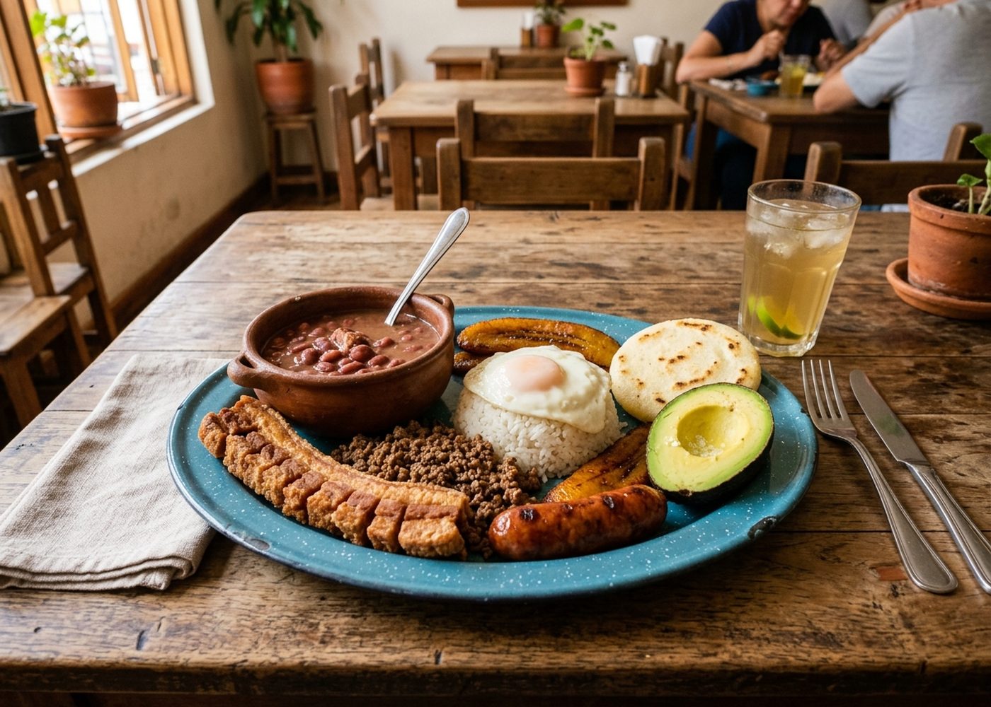 Bandeja paisa completa servida en plato de peltre