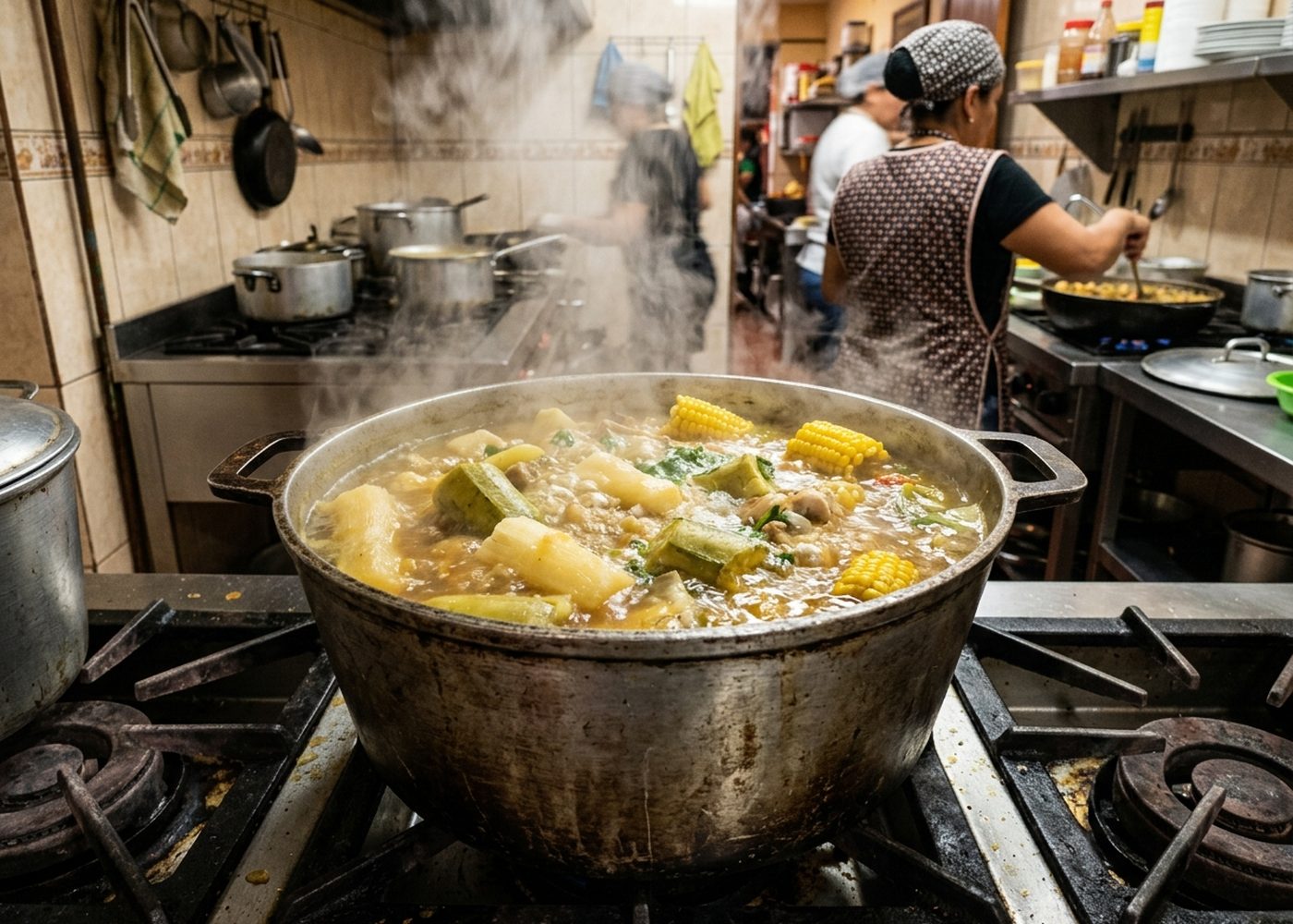 Olla de sancocho de gallina hirviendo en la cocina