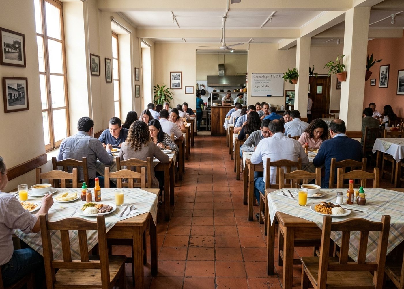 Salón del restaurante con mesas de madera y clientes almorzando
