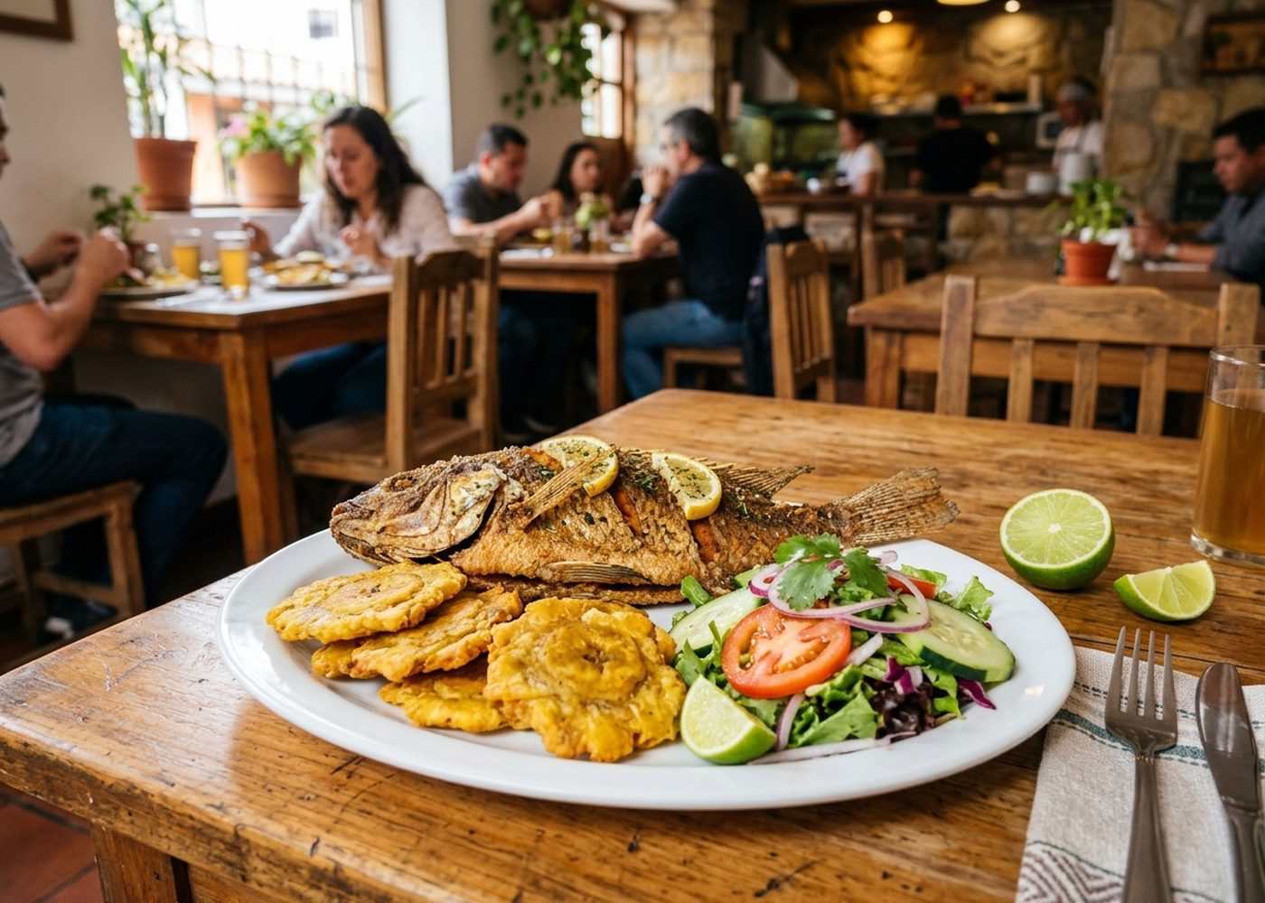 Mojarra frita con patacón y ensalada
